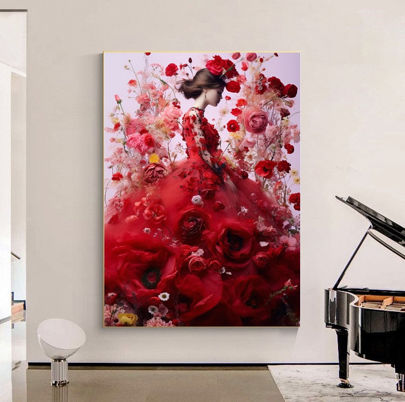 Modern Fashion Art Print on Canvas, Perfume Woman, Lady in Red, Floral Woman Art C