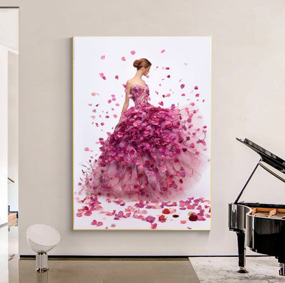 Modern Fashion Art Print on Canvas, Perfume Woman, Pink Petal Floral Woman Art B