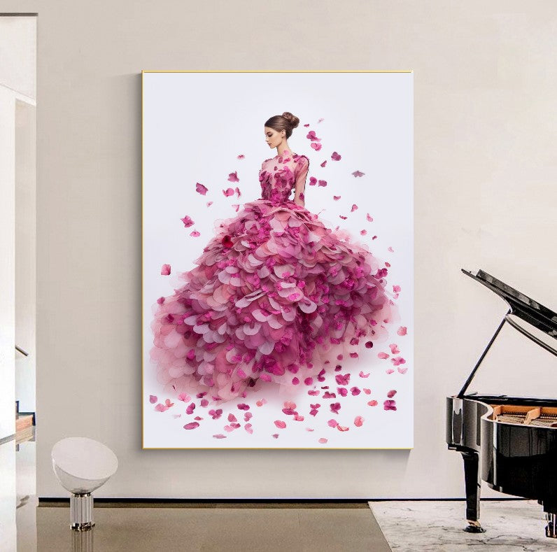 Modern Fashion Art Print on Canvas, Perfume Woman, Pink Petal Floral Woman Art E