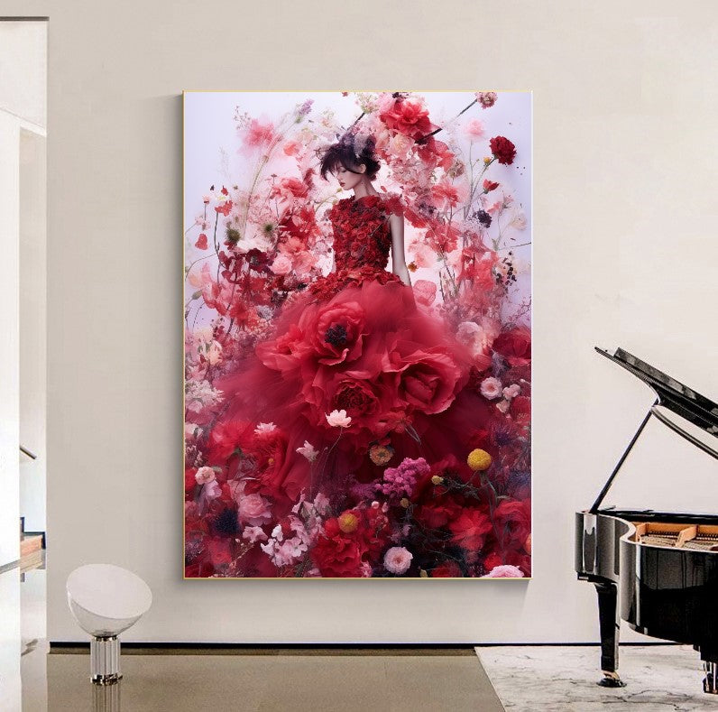 Modern Fashion Art Print on Canvas, Perfume Woman, Lady in Red, Floral Woman Art E