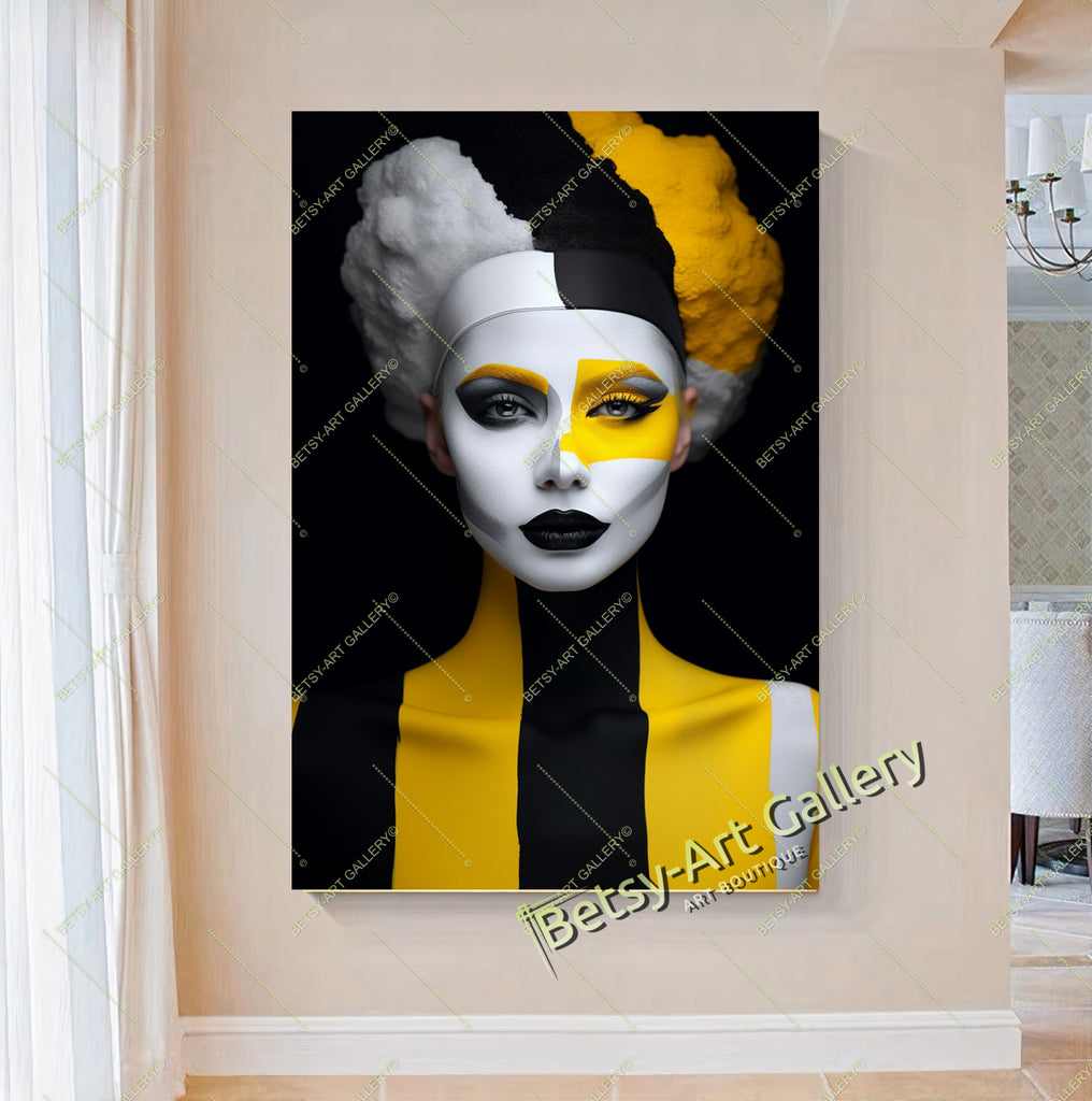 Black Yellow Woman Abstract Face Fashion Canvas Print – Large – Oil on Canvas – {{ product.title }} canvas artwork by Tanya Mirelle – modern wall decor – original artwork for home, living room, office, or gallery – original artwork by BETSY-ART GALLERY