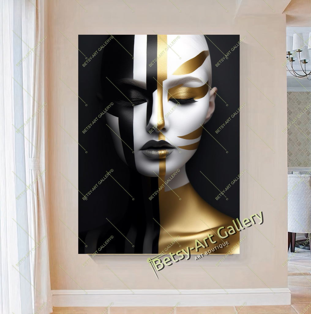 Black Yellow Woman Abstract Face Fashion Canvas Print – Large – Oil on Canvas – {{ product.title }} canvas artwork by Tanya Mirelle – modern wall decor – original artwork for home, living room, office, or gallery – original artwork by BETSY-ART GALLERY