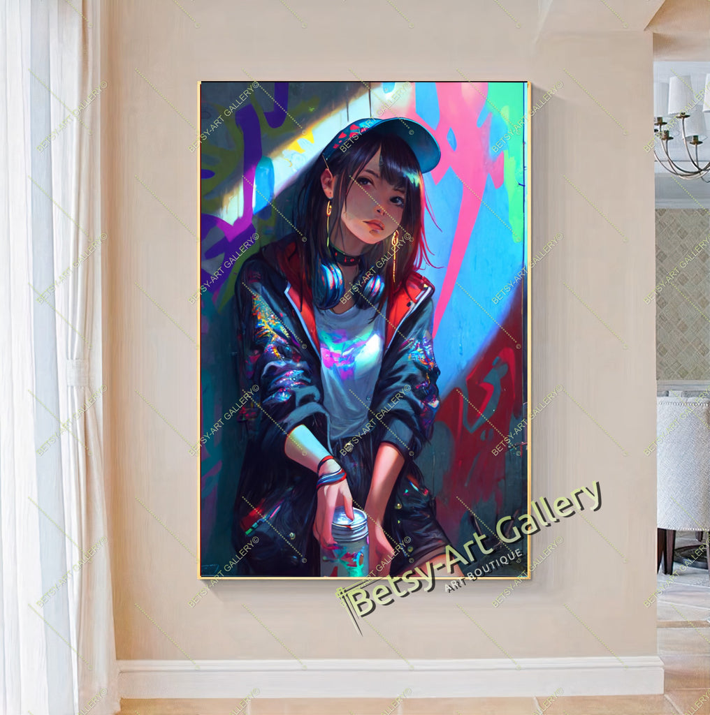 Skater Girl Anime Print: Urban Anime Wall Decor – Large – Oil on Canvas – {{ product.title }} canvas artwork by Tanya Mirelle – modern wall decor – original artwork for home, living room, office, or gallery – original artwork by BETSY-ART GALLERY