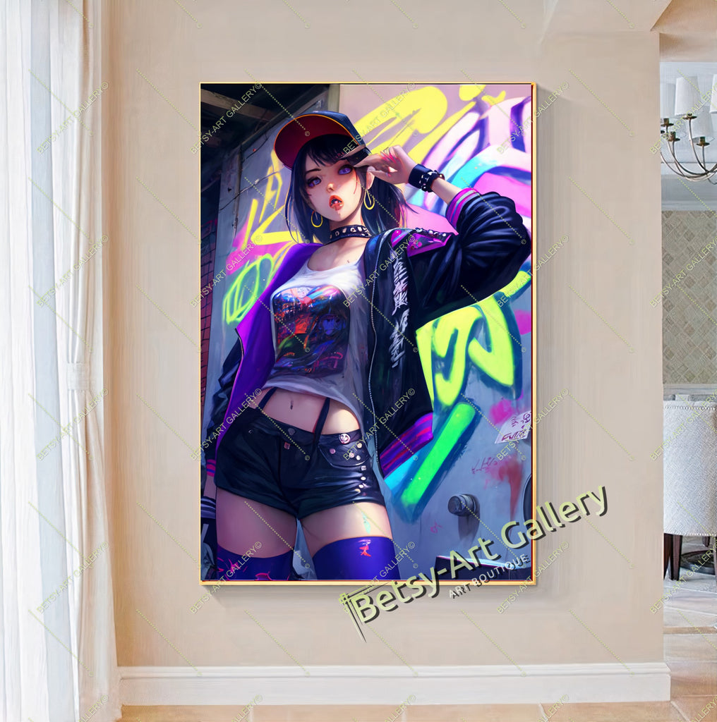 Skater Girl Anime Print: Urban Anime Wall Decor – Large – Oil on Canvas – {{ product.title }} canvas artwork by Tanya Mirelle – modern wall decor – original artwork for home, living room, office, or gallery – original artwork by BETSY-ART GALLERY