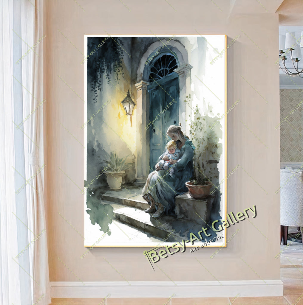 Ancient Mediterranean Landscape Canvas Print: Woman with Baby – Large – Oil on Canvas – {{ product.title }} canvas artwork by Tanya Mirelle – modern wall decor – original artwork for home, living room, office, or gallery – original artwork by BETSY-ART GALLERY