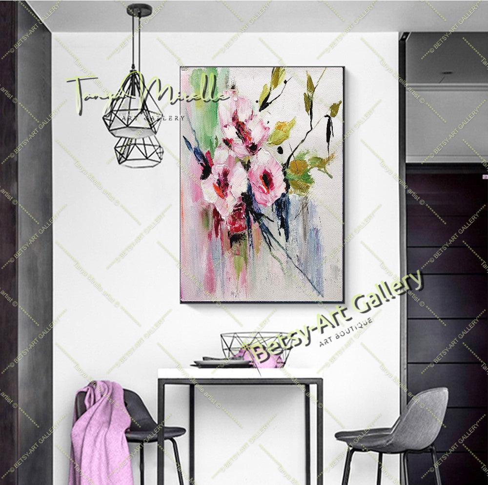 Grande peinture à l'huile florale texturée en impasto sur toile - Œuvre d'art originale, art mural texturé coloré