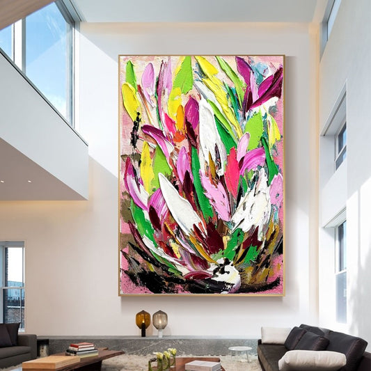 Large Modern Abstract Painting, Vibrant Floral Impasto Wall Art, Oil Painting on Canvas