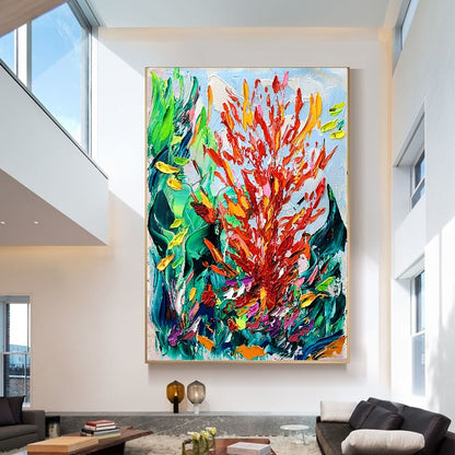 Modern Abstract Painting for Living room, Underwater World, Red Corall Art, Impasto Oil Painting on Canvas