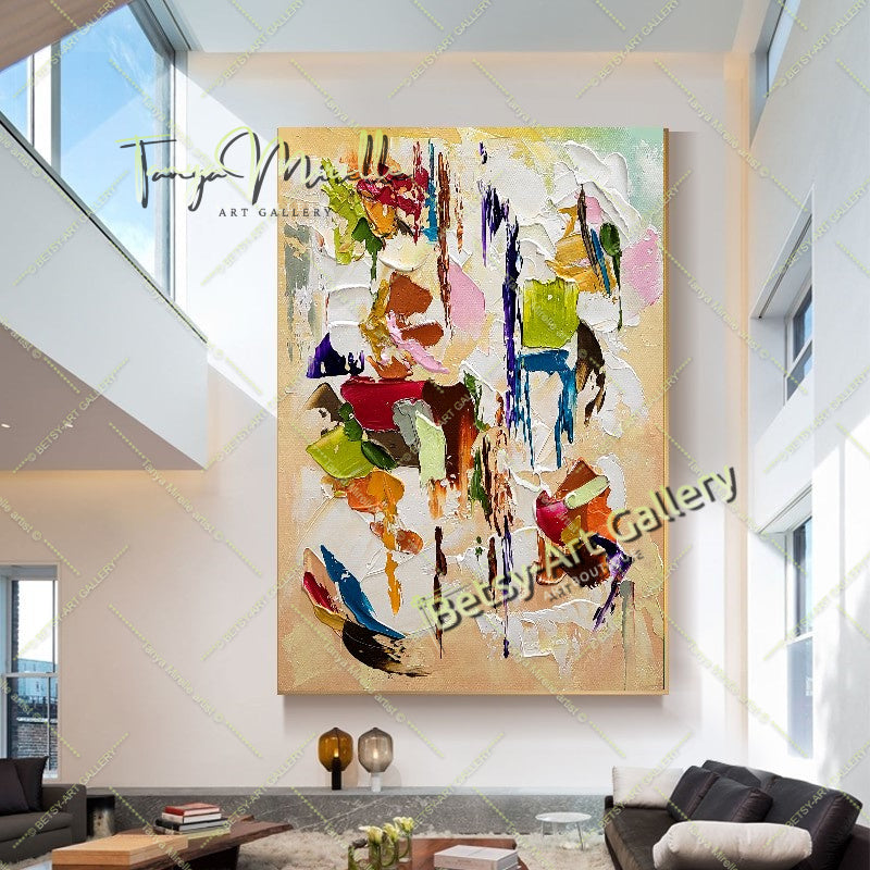 Modern Abstract Painting for Living Room - Colorful Oil Impasto Wall Art on Canvas