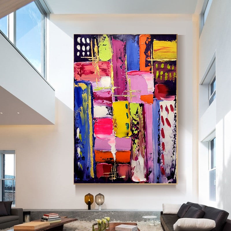 Vibrant Modern Abstract Art for Living room, Geometric Impasto Oil Painting on Canvas, Colorful Handmade Art for sale