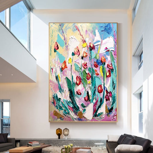 Large Modern Abstract Painting, Floral Impasto Wall Art, Oil Painting on Canvas