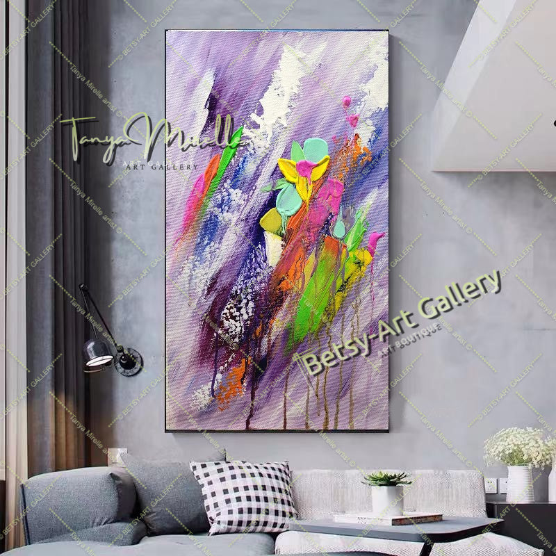 Art abstrait moderne, peinture acrylique florale sur toile pour salon