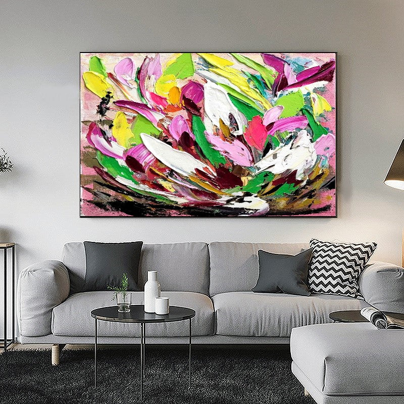 Large Modern Abstract Painting, Vibrant Floral Impasto Wall Art, Oil Painting on Canvas