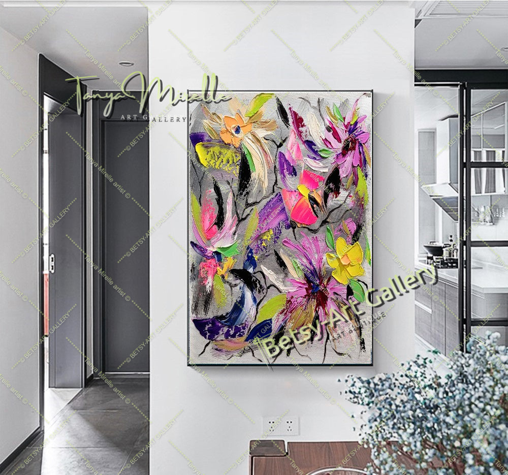 Floral Symphony - Modern Abstract Painting on Canvas, Impasto Wall Art