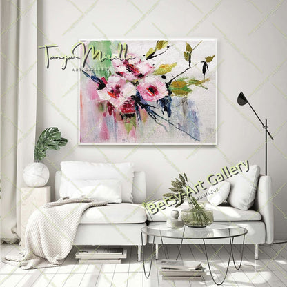 Grande peinture à l'huile florale texturée en impasto sur toile - Œuvre d'art originale, art mural texturé coloré