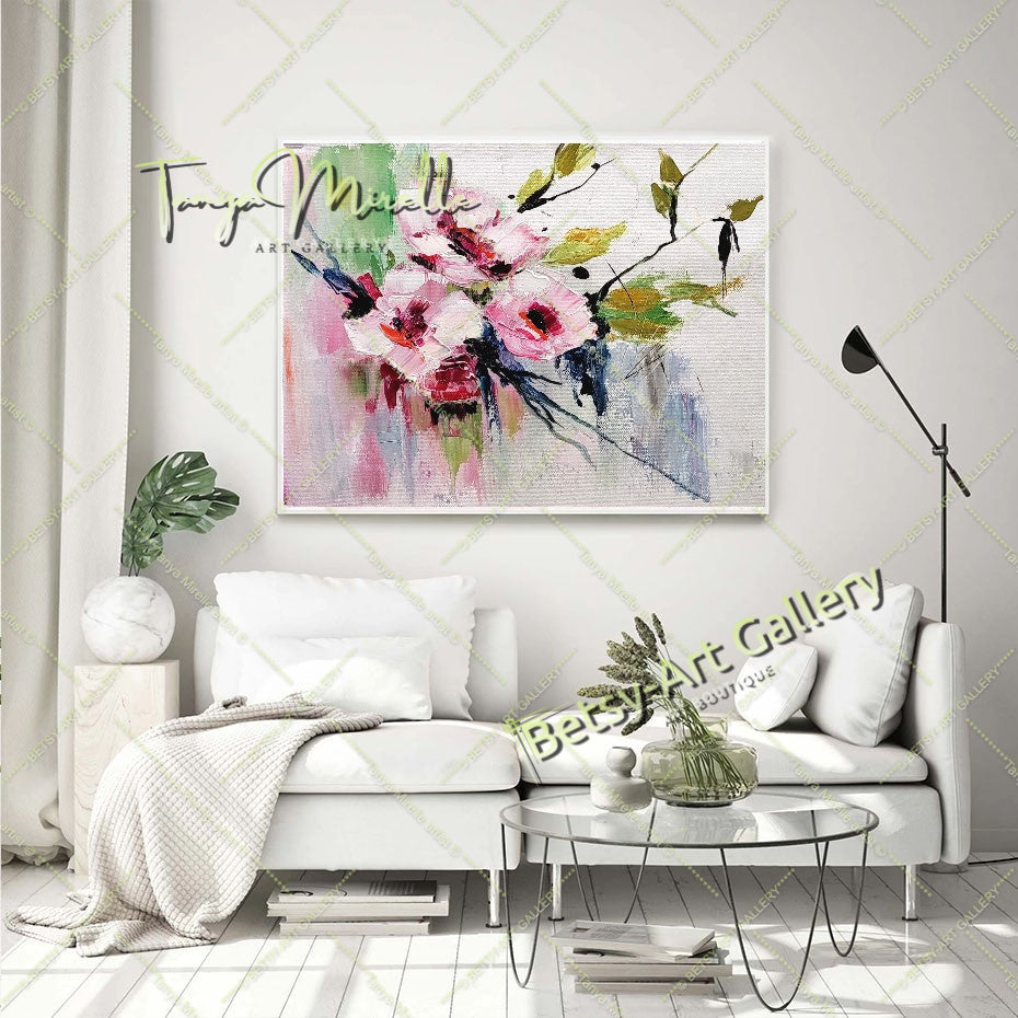 Floral Oil Painting on Canvas - Original Artwork for Modern Interiors – Large – Oil on Canvas – {{ product.title }} canvas artwork by Tanya Mirelle – modern wall decor – original artwork for home, living room, office, or gallery – original artwork by BETSY-ART GALLERY