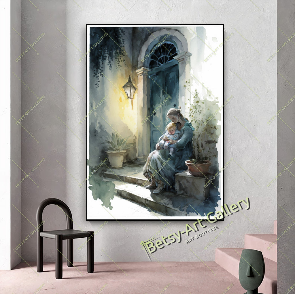 Ancient Mediterranean Landscape Canvas Print: Woman with Baby – Large – Oil on Canvas – {{ product.title }} canvas artwork by Tanya Mirelle – modern wall decor – original artwork for home, living room, office, or gallery – original artwork by BETSY-ART GALLERY