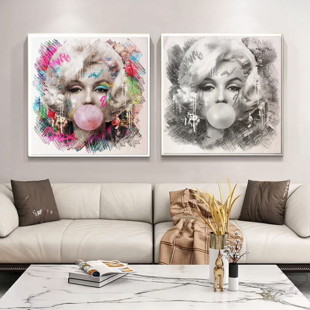 Marilyn Monroe blowing Bubble Gum, Modern Pop Art Print on Canvas – Large – Oil on Canvas – {{ product.title }} canvas artwork by Tanya Mirelle – modern wall decor – original artwork for home, living room, office, or gallery – original artwork by BETSY-ART GALLERY
