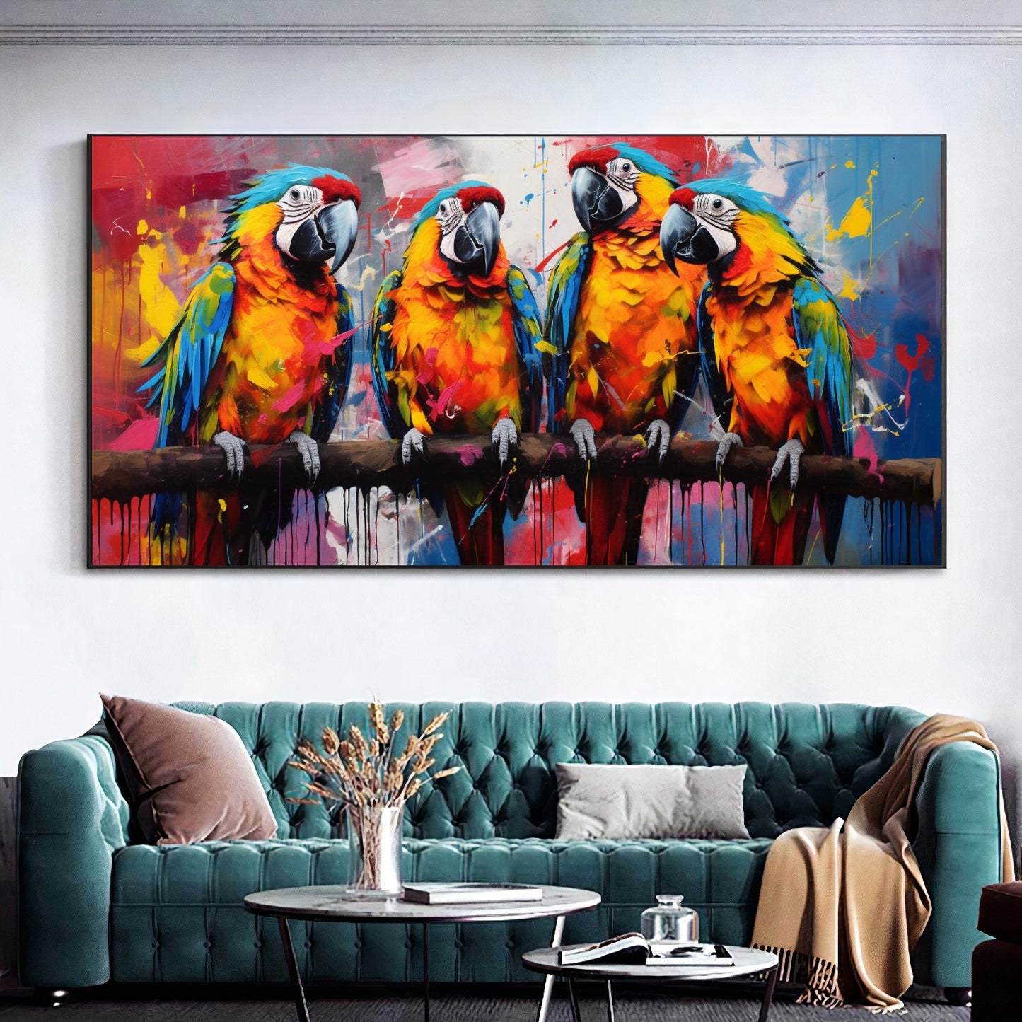 Vibrant Parrot Family Canvas Art - Colorful Macaws on a Branch, Modern Prin on Canvas