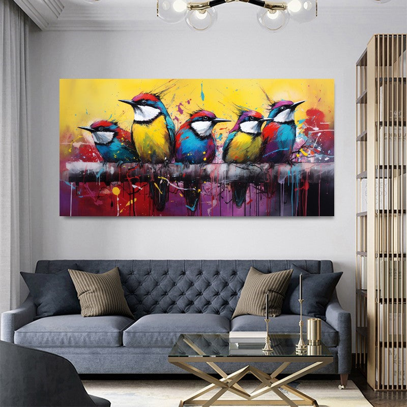 Colorful Birds on Branch - Vibrant Family of Birds Canvas Art, Modern Prin on Canvas