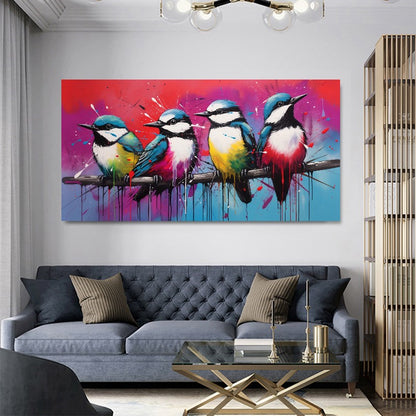 Colorful Birds on Branch - Vibrant Family of Birds Canvas Art, Modern Prin on Canvas