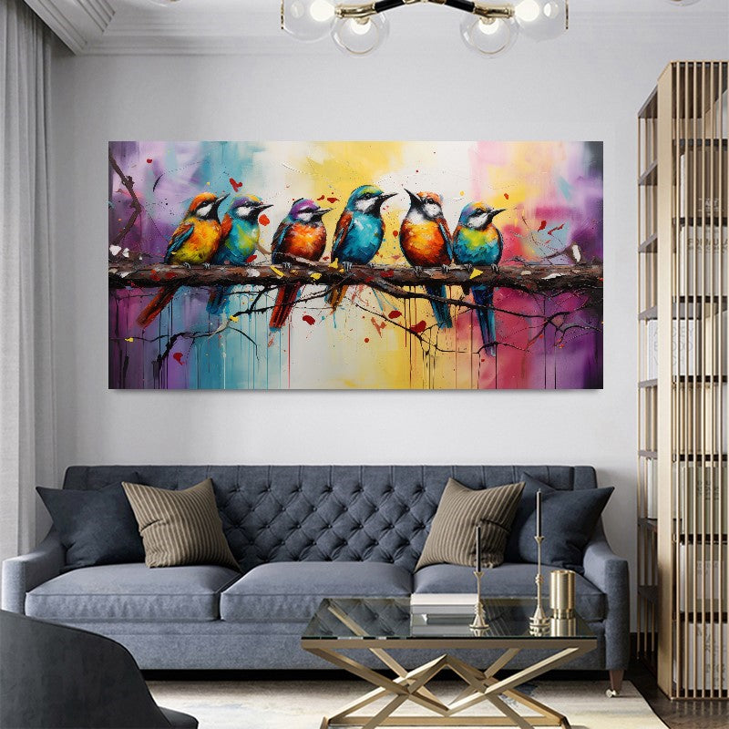 Colorful Birds on Branch - Vibrant Family of Birds Canvas Art, Modern Prin on Canvas