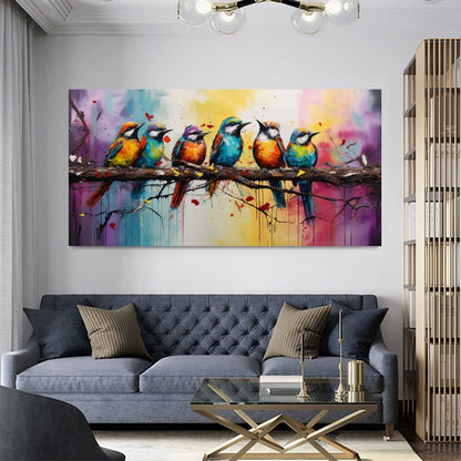 Colorful Birds on Branch - Vibrant Family of Birds Canvas Art, Modern Prin on Canvas