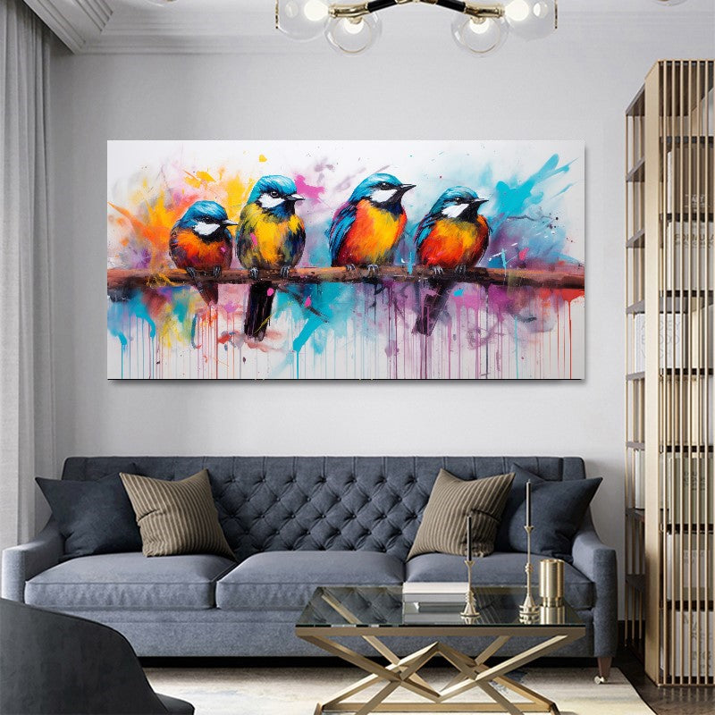 Colorful Birds on Branch - Vibrant Family of Birds Canvas Art, Modern Prin on Canvas