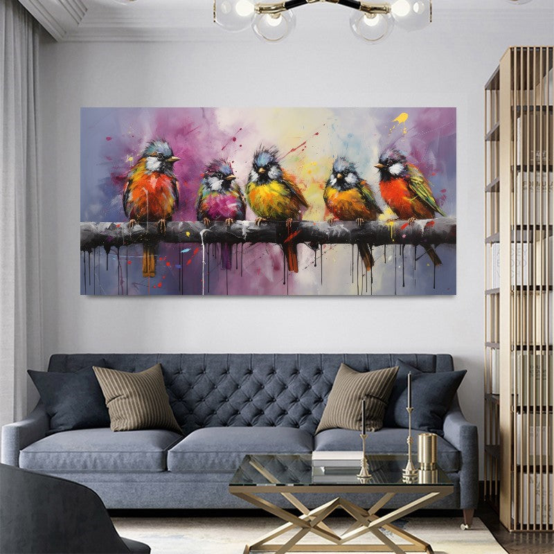 Colorful Birds on Branch - Vibrant Family of Birds Canvas Art, Modern Prin on Canvas