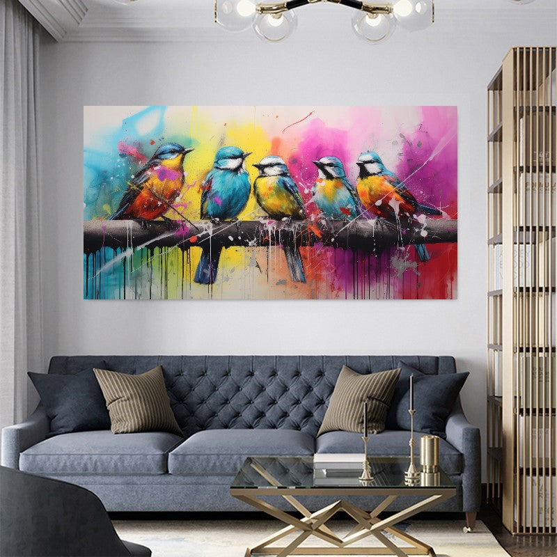 Colorful Birds on Branch - Vibrant Family of Birds Canvas Art, Modern Prin on Canvas