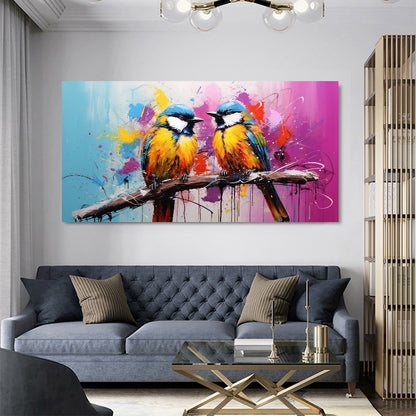 Colorful Birds on Branch - Vibrant Family of Birds Canvas Art, Modern Prin on Canvas