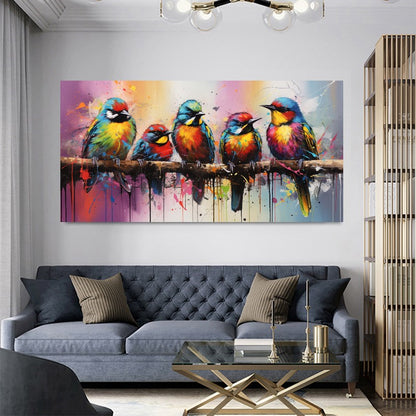 Colorful Birds on Branch - Vibrant Family of Birds Canvas Art, Modern Prin on Canvas