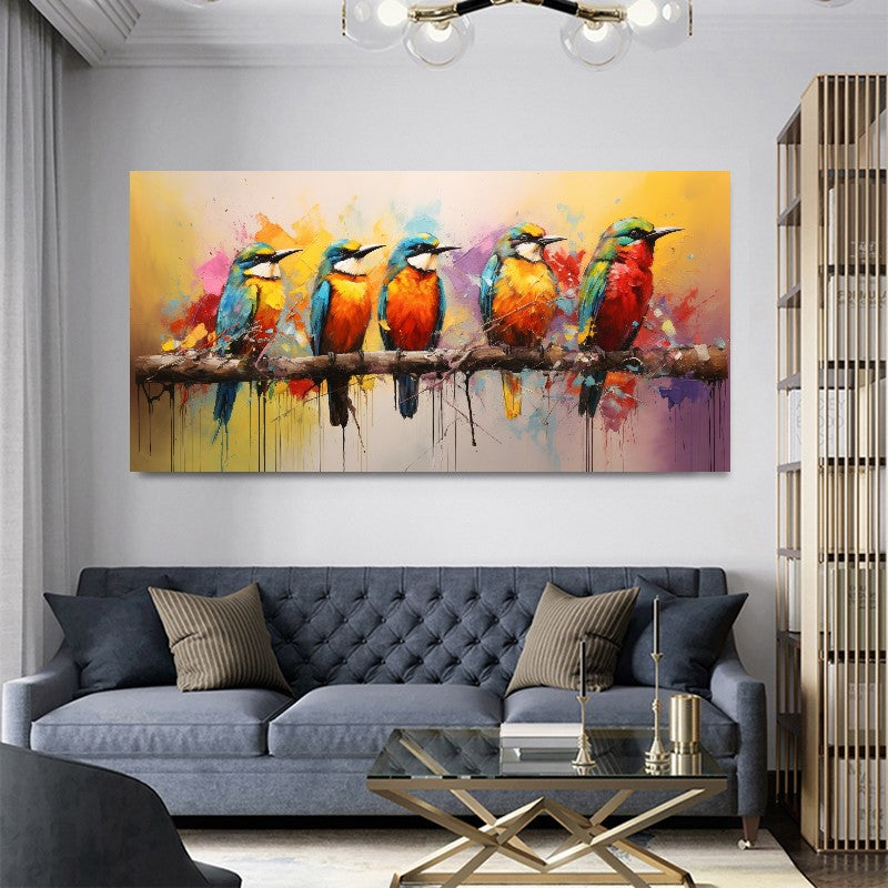 Colorful Birds on Branch - Vibrant Family of Birds Canvas Art, Modern Prin on Canvas