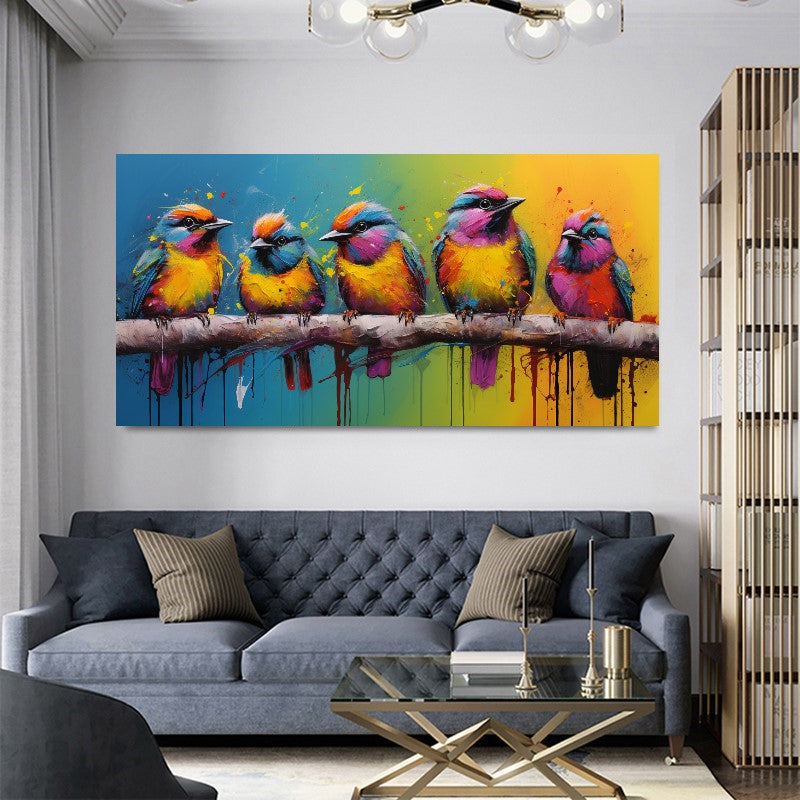 Colorful Birds on Branch - Vibrant Family of Birds Canvas Art, Modern Prin on Canvas