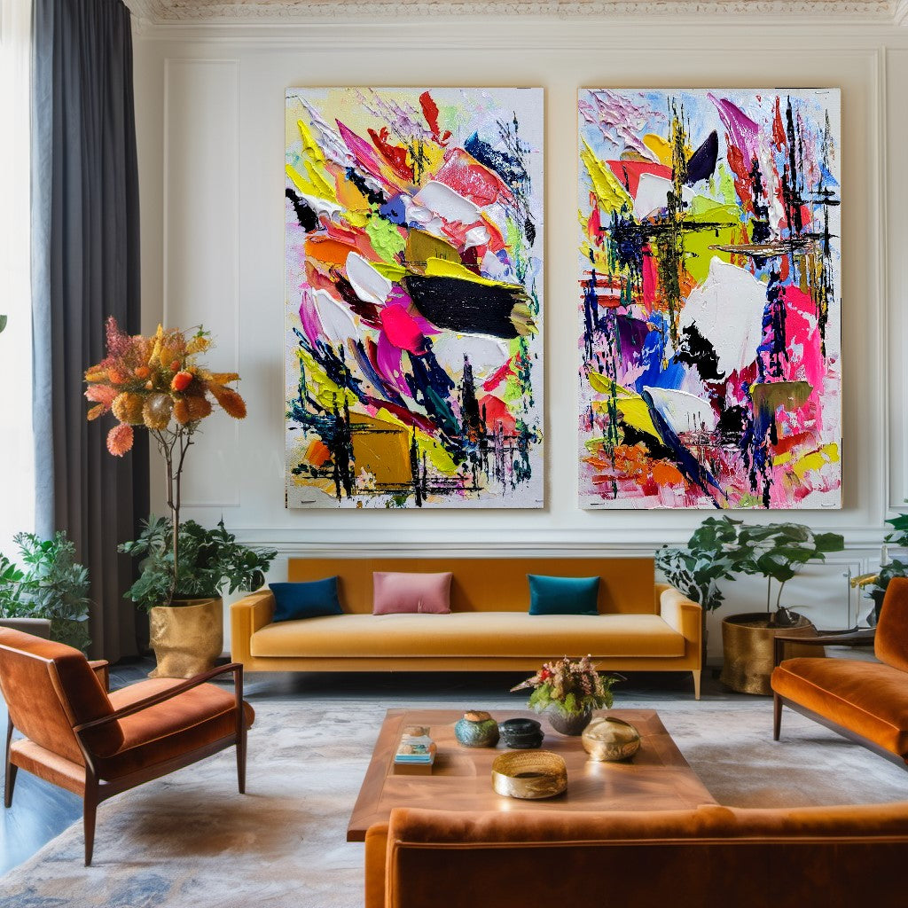 Vivid Abstract Painting, Impasto Oil Painting on Canvas, Large Modern Wall Art for Living Room