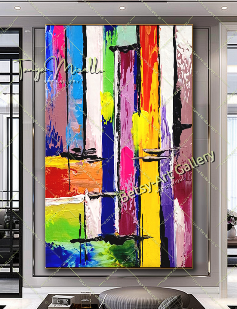 Vibrant Cityscape: Colorful Geometric Impasto Abstract Oil Painting – Large – Oil on Canvas – {{ product.title }} canvas artwork by Tanya Mirelle – modern wall decor – original artwork for home, living room, office, or gallery – original artwork by BETSY-ART GALLERY