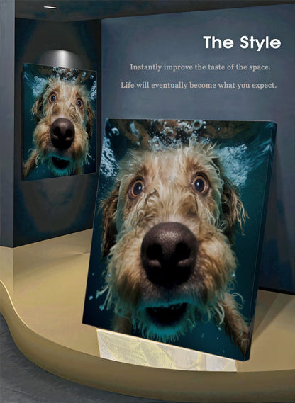 Underwater Dog Photography Canvas - Playful Modern Pet Art - Unique Wall Decor for Animal Lovers