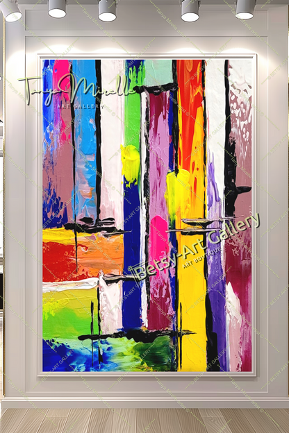 GRANDE peinture abstraite colorée en impasto, art sur toile, peinture murale moderne géométrique pour salon