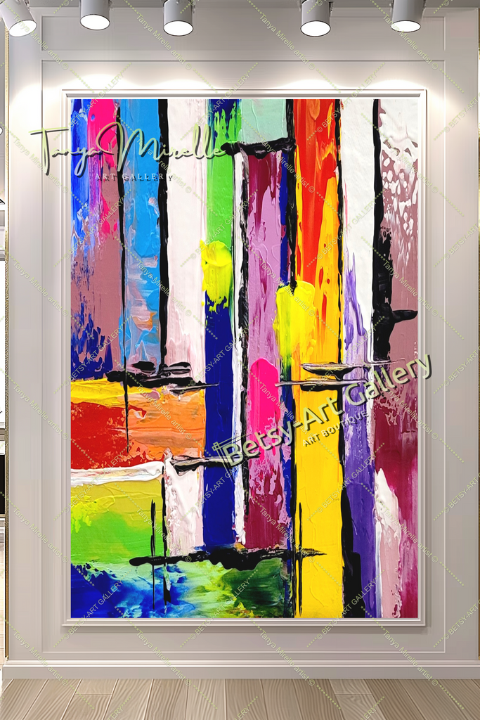 Vibrant Cityscape: Colorful Geometric Impasto Abstract Oil Painting – Large – Oil on Canvas – {{ product.title }} canvas artwork by Tanya Mirelle – modern wall decor – original artwork for home, living room, office, or gallery – original artwork by BETSY-ART GALLERY