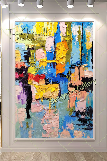 Grandes peintures abstraites pour le salon, peinture à l'huile impasto sur toile, art mural moderne coloré, peinture unique