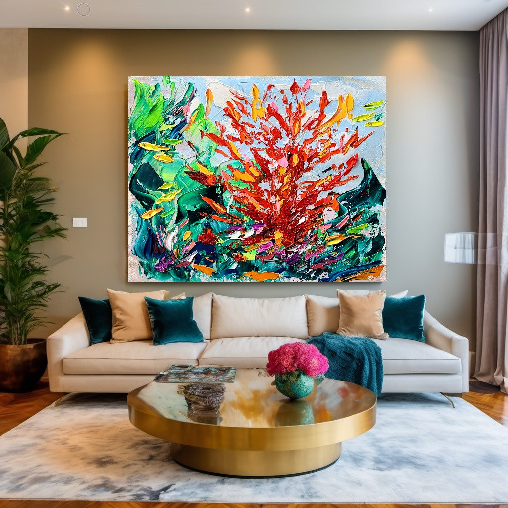 Modern Abstract Painting for Living room, Underwater World, Red Corall Art, Impasto Oil Painting on Canvas