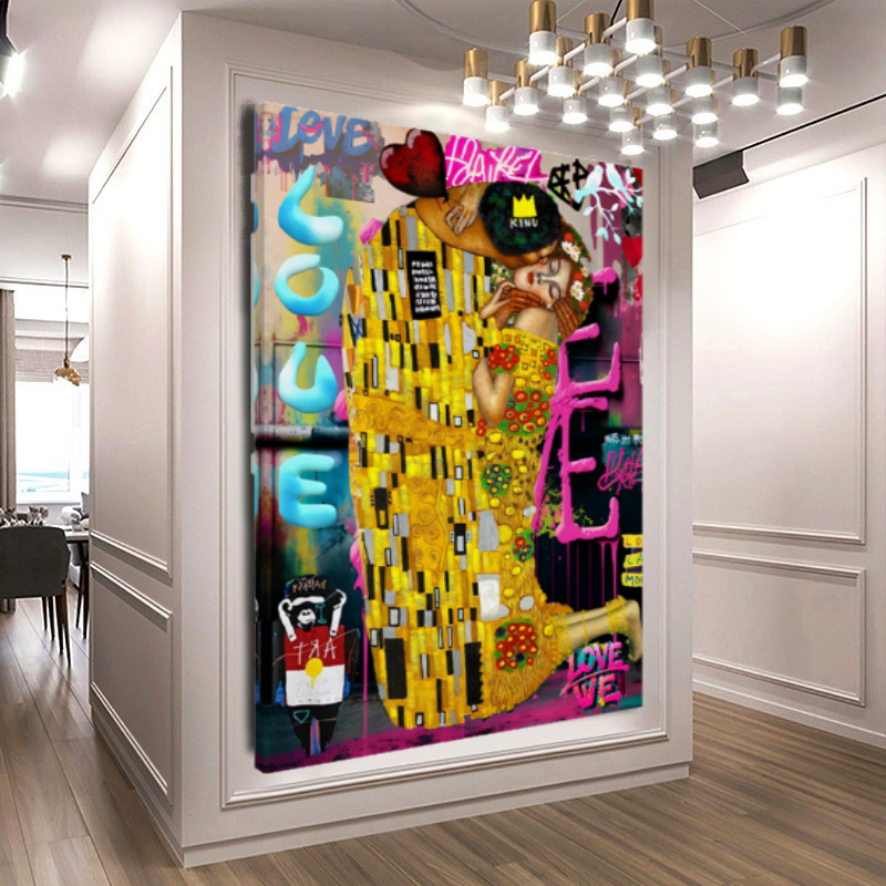 Vivid Colors Canvas Print - The Kiss by Gustav Klimt - Pop Art Graffiti Print on Canvas – Large – Oil on Canvas – {{ product.title }} canvas artwork by Tanya Mirelle – modern wall decor – original artwork for home, living room, office, or gallery – original artwork by BETSY-ART GALLERY