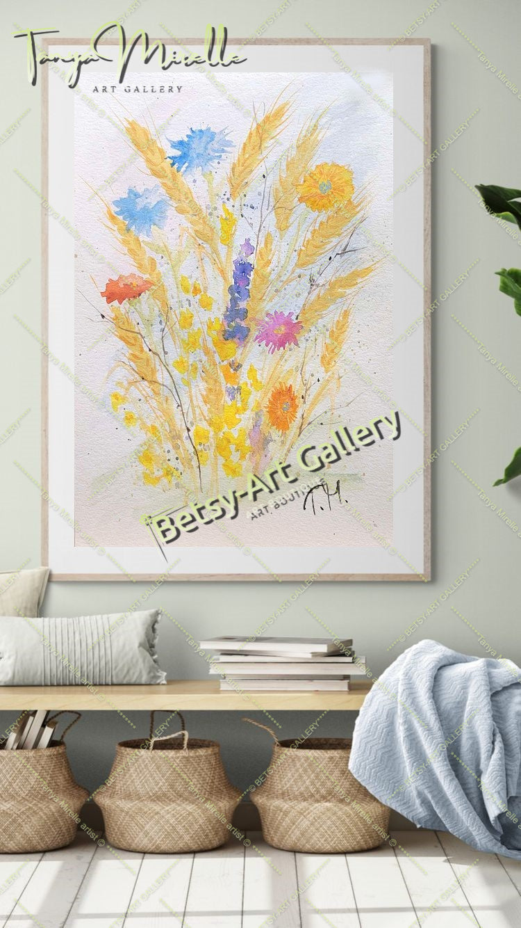 Watercolor Painting Ears of Wheat, Botanical Wall Art No Frame {{ shop_name }}watercolor art print birthday gift blooming garden art botanical print colorful painting floral art floral painting garden painting gift for mom mediterranean art nature painting paper painting small painting wall art home decor watercolor floral watercolor flowers watercolor landscape watercolor painting wildflowers painting