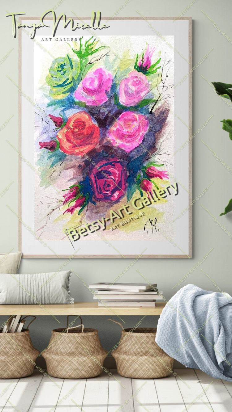 Garden Roses Watercolor Painting, Original Wall Art, No Frame {{ shop_name }}watercolor art print birthday gift blooming garden art botanical print colorful painting floral art floral painting garden painting garden roses painting gift for mom nature painting paper painting small painting wall art home decor watercolor floral watercolor flowers watercolor landscape watercolor painting wildflowers painting