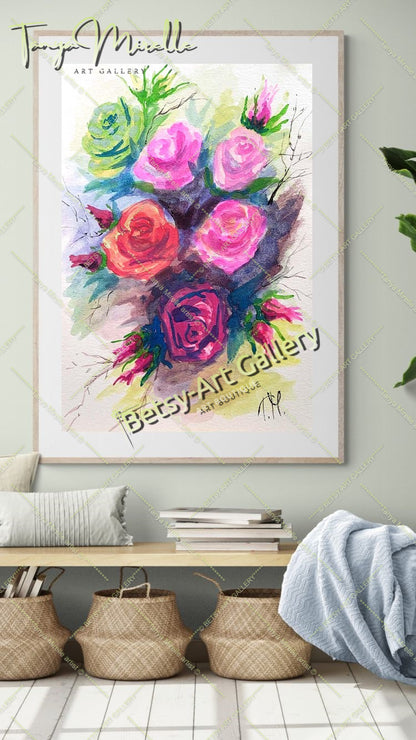 Garden Roses Watercolor Painting, Original Wall Art, No Frame {{ shop_name }}watercolor art print birthday gift blooming garden art botanical print colorful painting floral art floral painting garden painting garden roses painting gift for mom nature painting paper painting small painting wall art home decor watercolor floral watercolor flowers watercolor landscape watercolor painting wildflowers painting