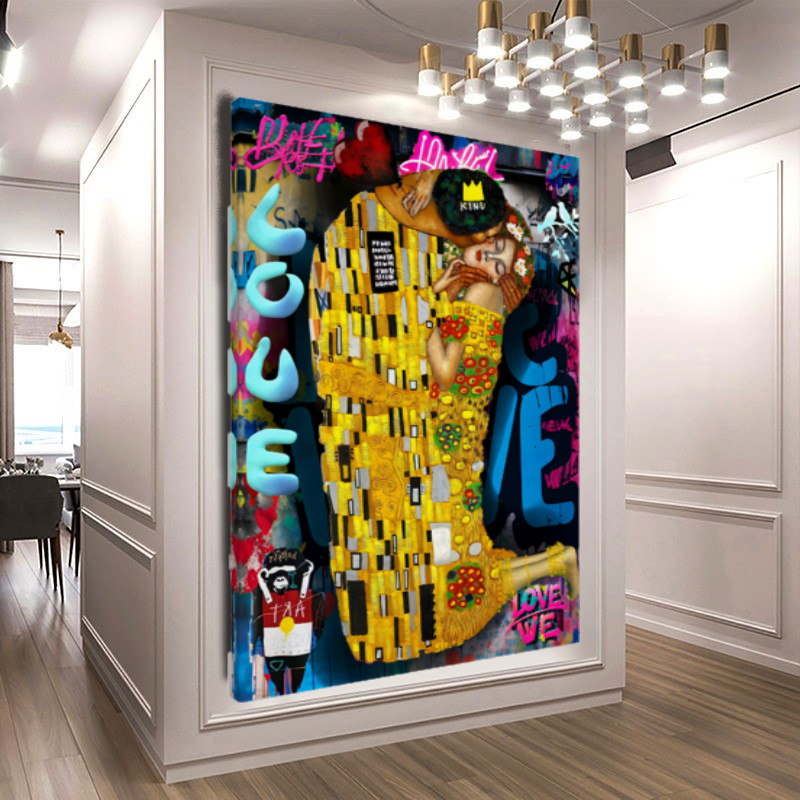 Vivid Colors Canvas Print - The Kiss by Gustav Klimt - Pop Art Graffiti Print on Canvas – Large – Oil on Canvas – {{ product.title }} canvas artwork by Tanya Mirelle – modern wall decor – original artwork for home, living room, office, or gallery – original artwork by BETSY-ART GALLERY