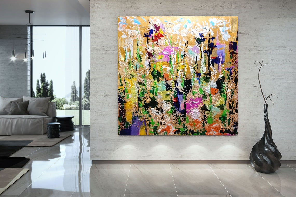 LARGE Modern Abstract Art, Impasto Oil Painting on Canvas, Colorful Floral Wall Art for living room