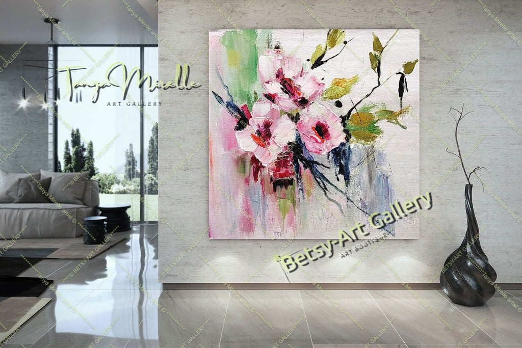 Floral Oil Painting on Canvas - Original Artwork for Modern Interiors – Large – Oil on Canvas – {{ product.title }} canvas artwork by Tanya Mirelle – modern wall decor – original artwork for home, living room, office, or gallery – original artwork by BETSY-ART GALLERY