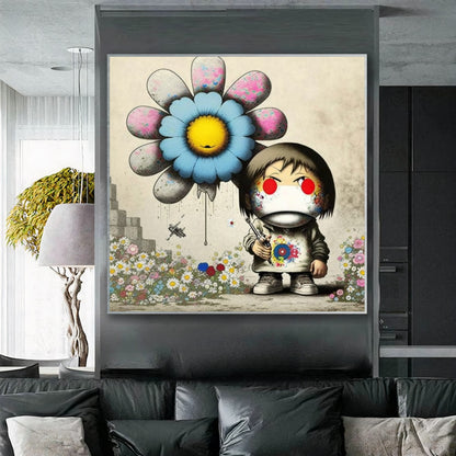 Girl with Flower Balloon - Banksy Inspired Street Art Print {{ shop_name }}Prints Banksy style canvas print canvas wall art collectible print colorful flower balloon giclée prints girl with flower graffiti large canvas print large wall art Large Wall Art Decor Living Room Art modern art print playful pop art print on canvas ready to hang canvas street art stretched canvas art surreal urban art wall art prints whimsical