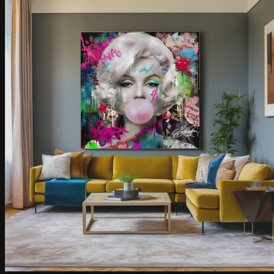 Graffiti Art, Street Art, Iconic Marilyn Monroe blowing Bubble Gum, Audrey Hepburn, Brigitte Bardot, Celebreti Portrait, Modern Pop Art Print on Canvas for Living room, Office, Hotel, Gift